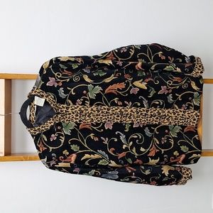 WHITE STAG Tapestry Black & Floral Jacket Leopard Jaguar Print Trim Sz XL
